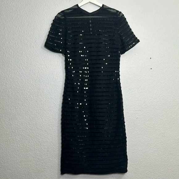 Carolina Herrera Black Sequin Sheer Stripe Cocktail Midi Dress Size 4 Formal - Picture 1 of 15